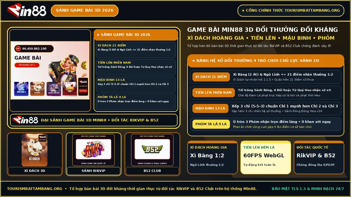 Giao diện đại sảnh Game Bài Min88 3D tích hợp bàn Xì Dách Hoàng Gia, Tiến Lên Miền Nam và Mậu Binh