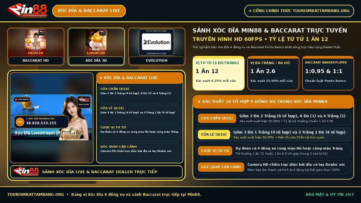 Giao diện bàn Xóc Đĩa Min88 4 quân vị và sảnh Baccarat Min88 Live Casino truyền hình trực tiếp